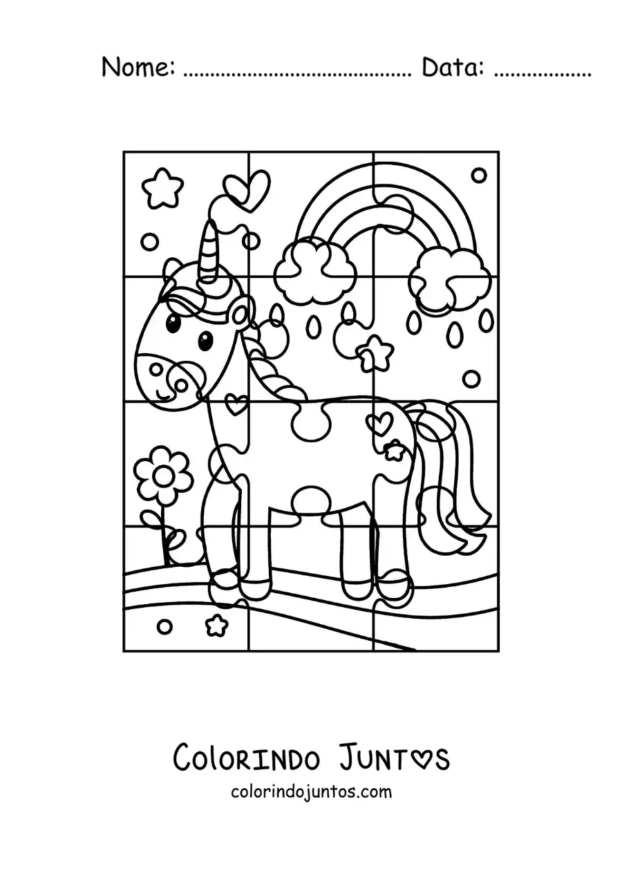 Desenho para colorir de quebra-cabeça recortável de um unicórnio de desenho com arco-íris