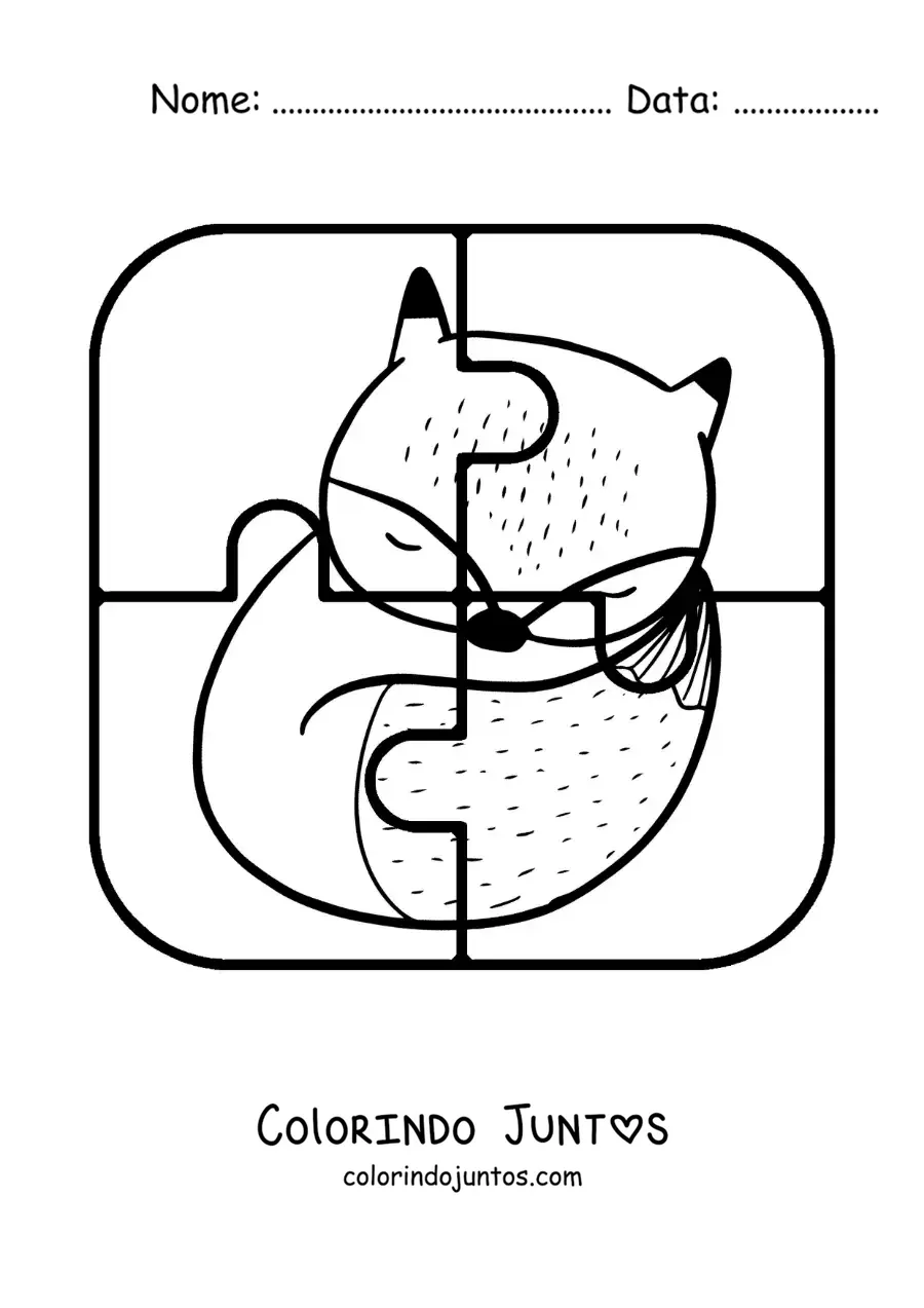 Desenho para colorir de quebra-cabeça recortável de 4 peças de uma raposa de desenho