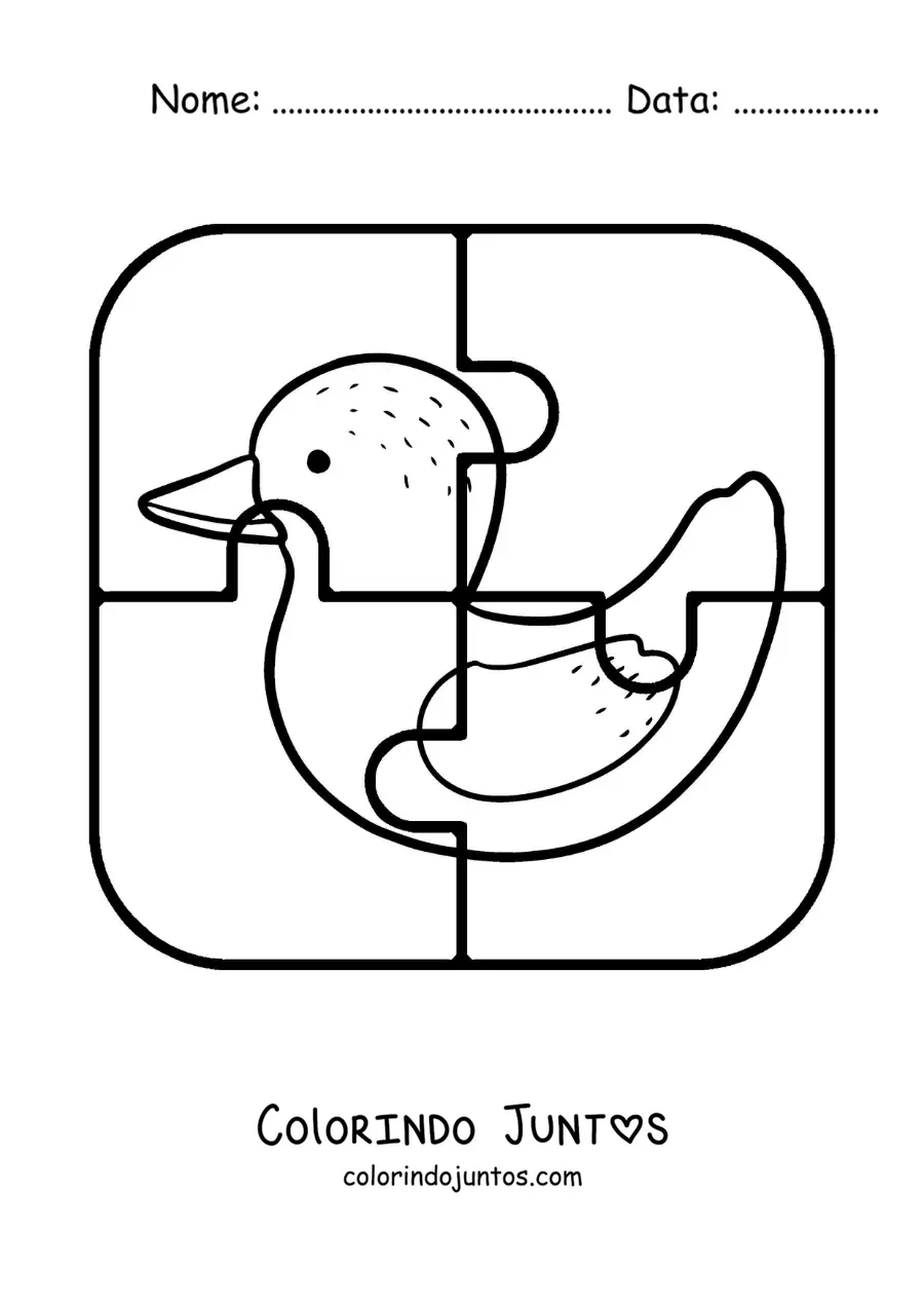 Desenho para colorir de quebra-cabeça recortável de 4 peças de um pato de desenho