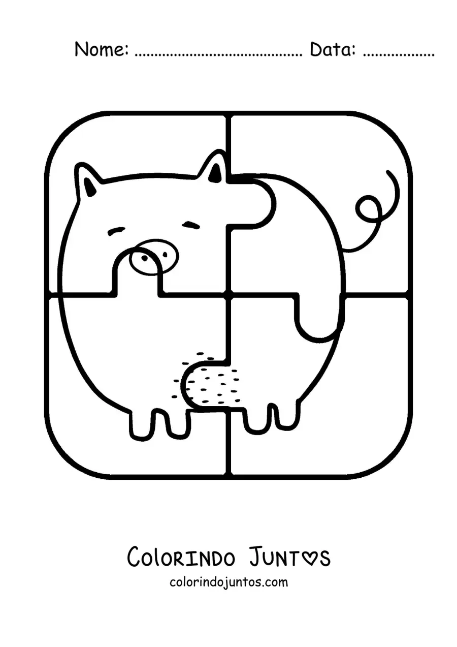 Desenho para colorir de quebra-cabeça recortável de 4 peças de um porco de desenho