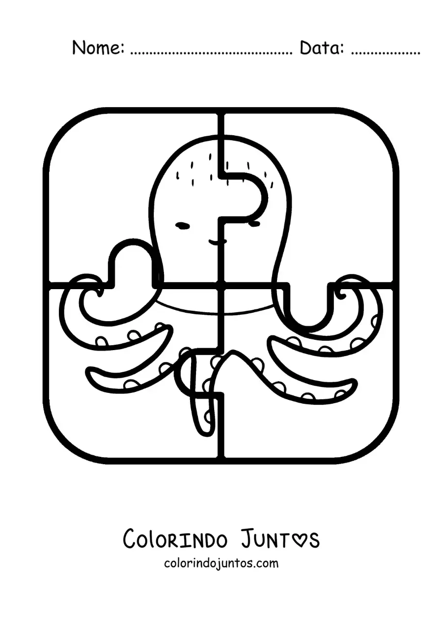 Desenho para colorir de quebra-cabeça recortável de 4 peças de um polvo de desenho