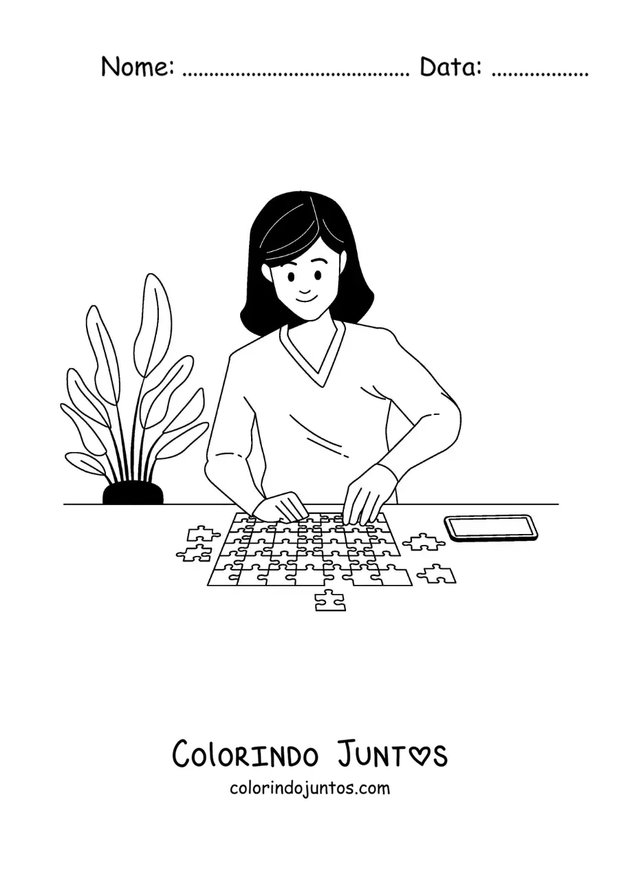 Desenho para colorir de menina montando um quebra-cabeça