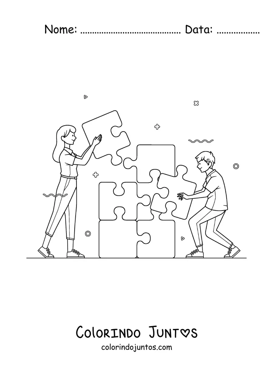 Desenho para colorir de crianças montando um quebra-cabeça