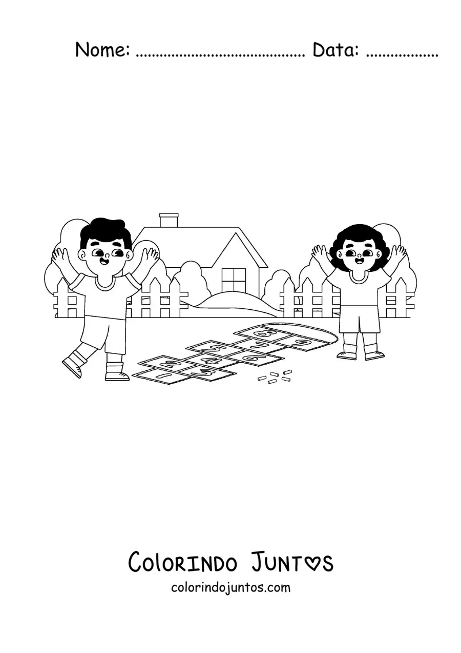 Desenho para colorir de crianças brincando de amarelinha