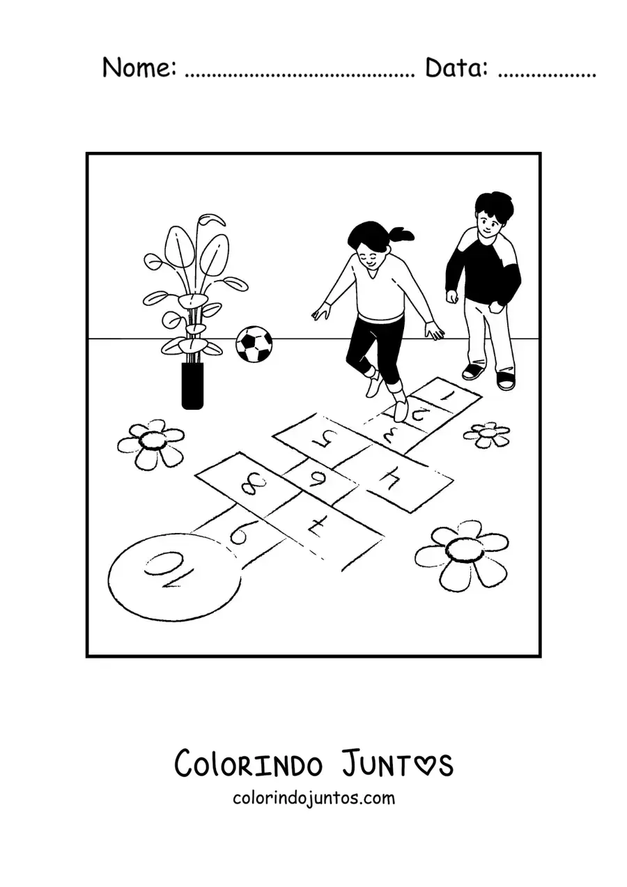 Desenho para colorir de crianças brincando de amarelinha