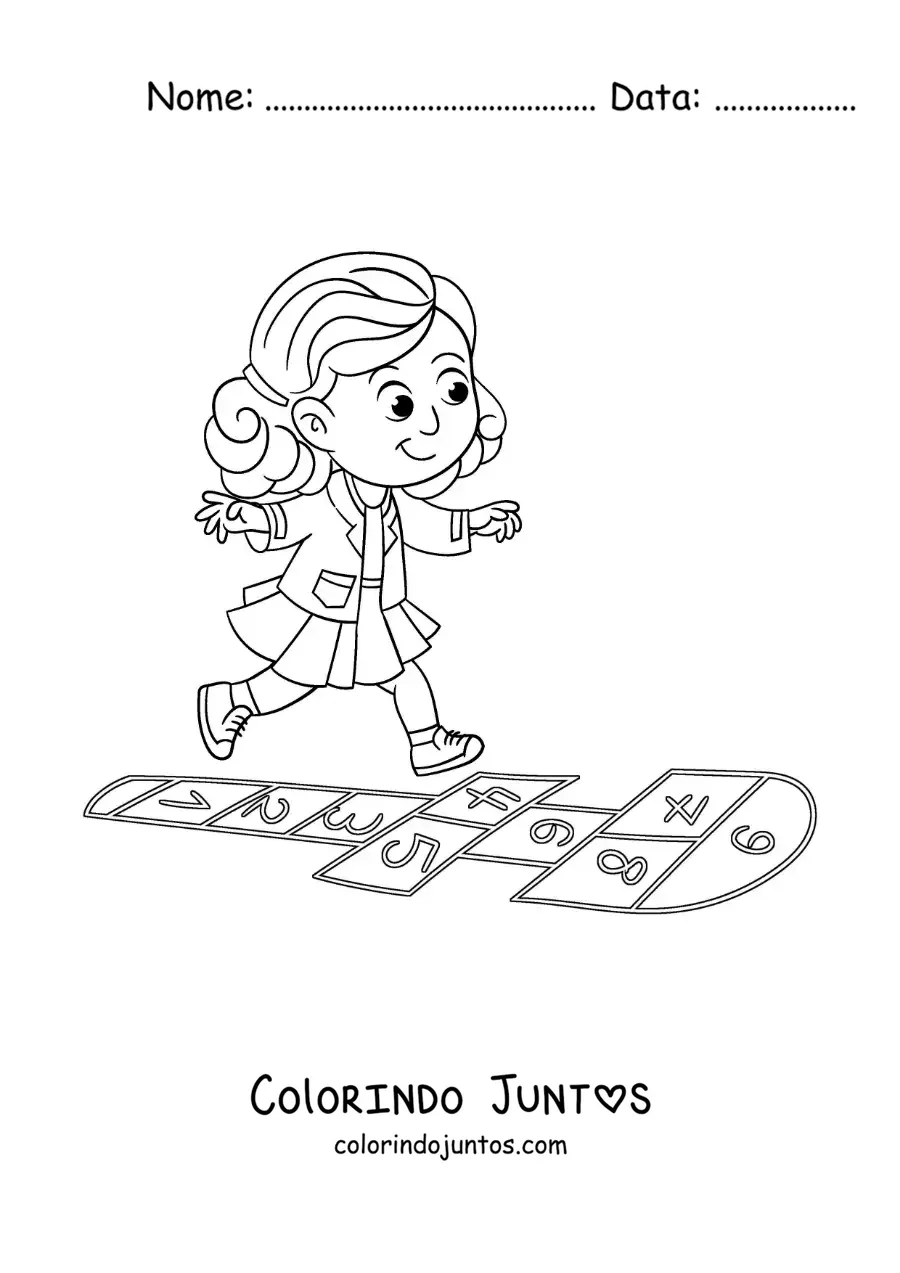 Desenho para colorir de uma menina brincando de amarelinha
