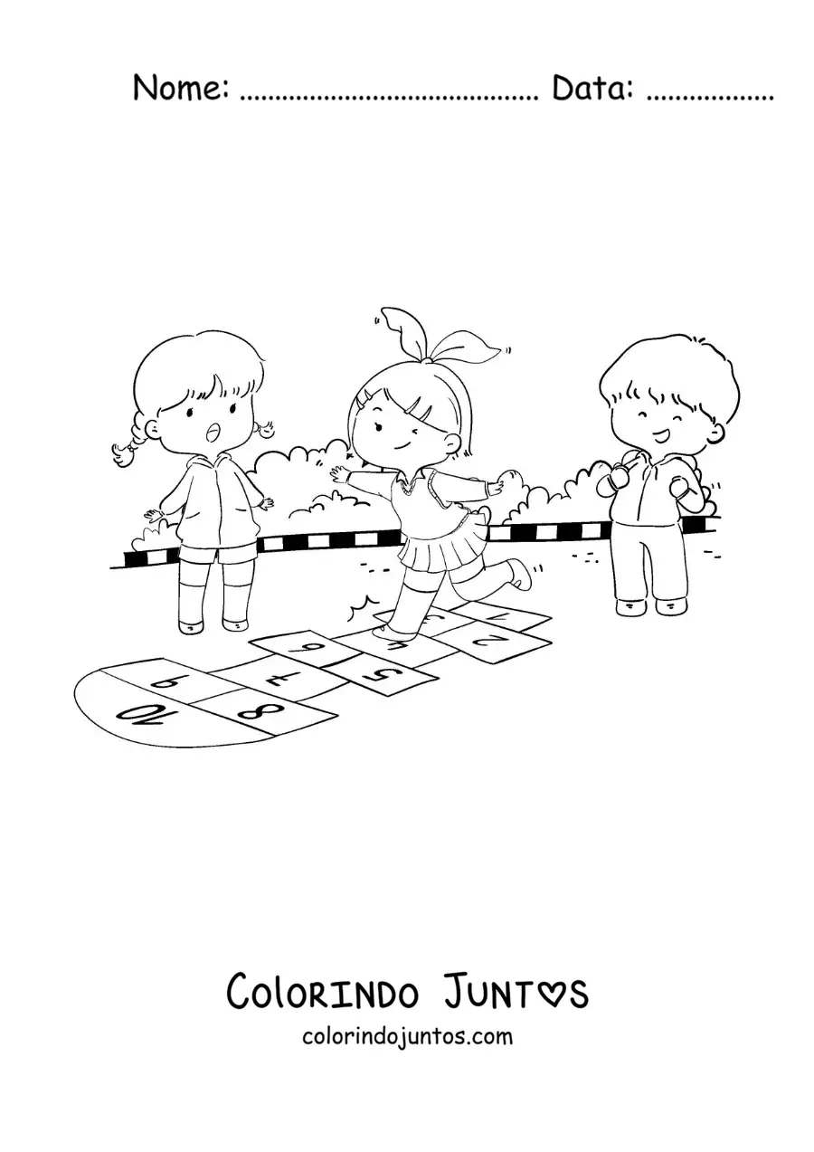 Desenho para colorir de crianças pulando na brincadeira tradicional de amarelinha