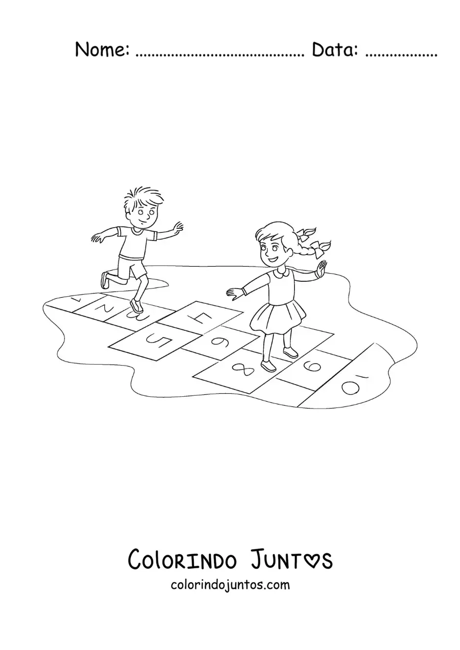 Desenho para colorir de duas crianças pulando na brincadeira tradicional de amarelinha