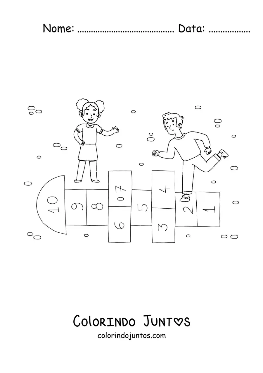 Desenho para colorir de crianças brincando do jogo tradicional de amarelinha
