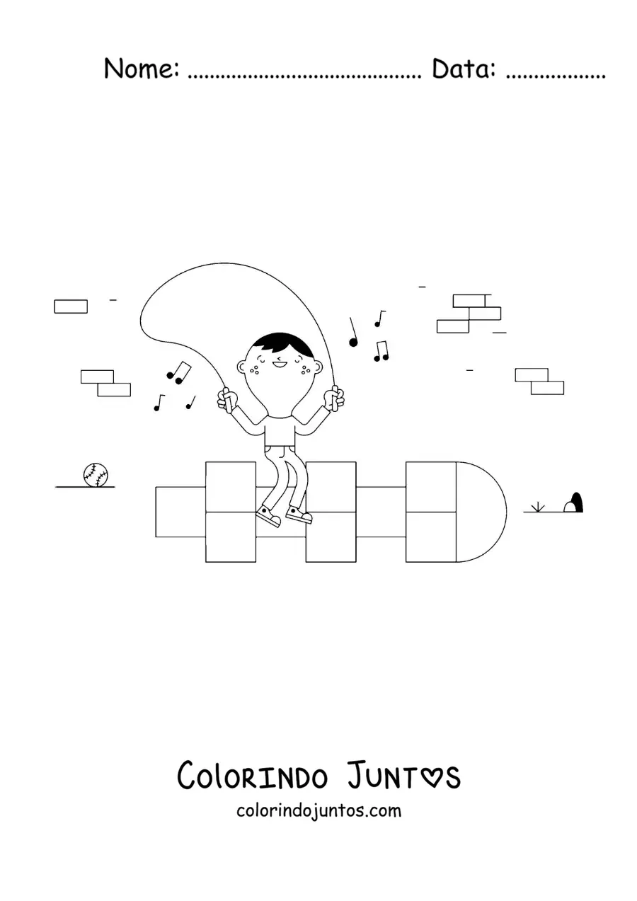 Desenho para colorir de criança pulando corda enquanto brinca de amarelinha