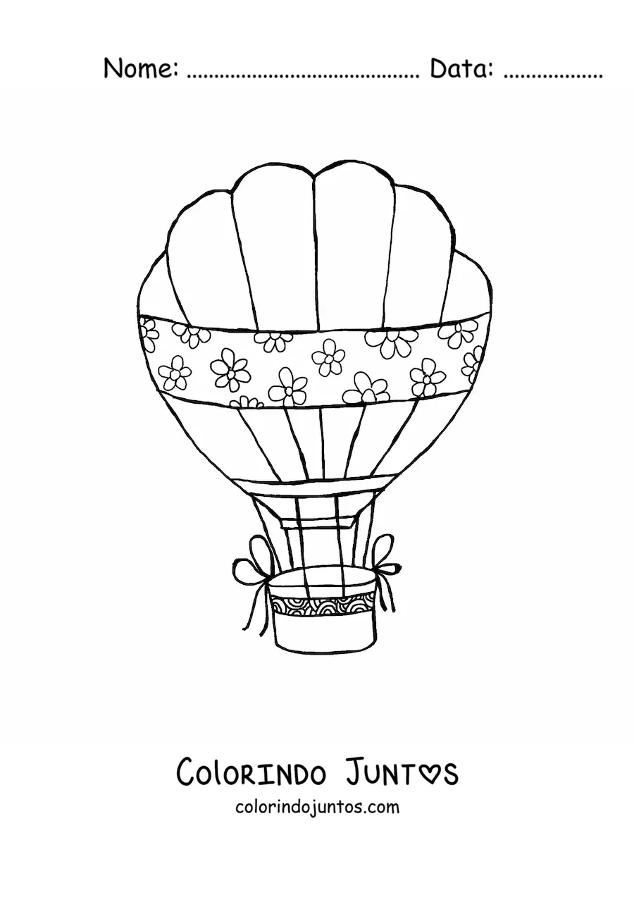 Desenho para colorir de um balao de ar quente decorado com flores