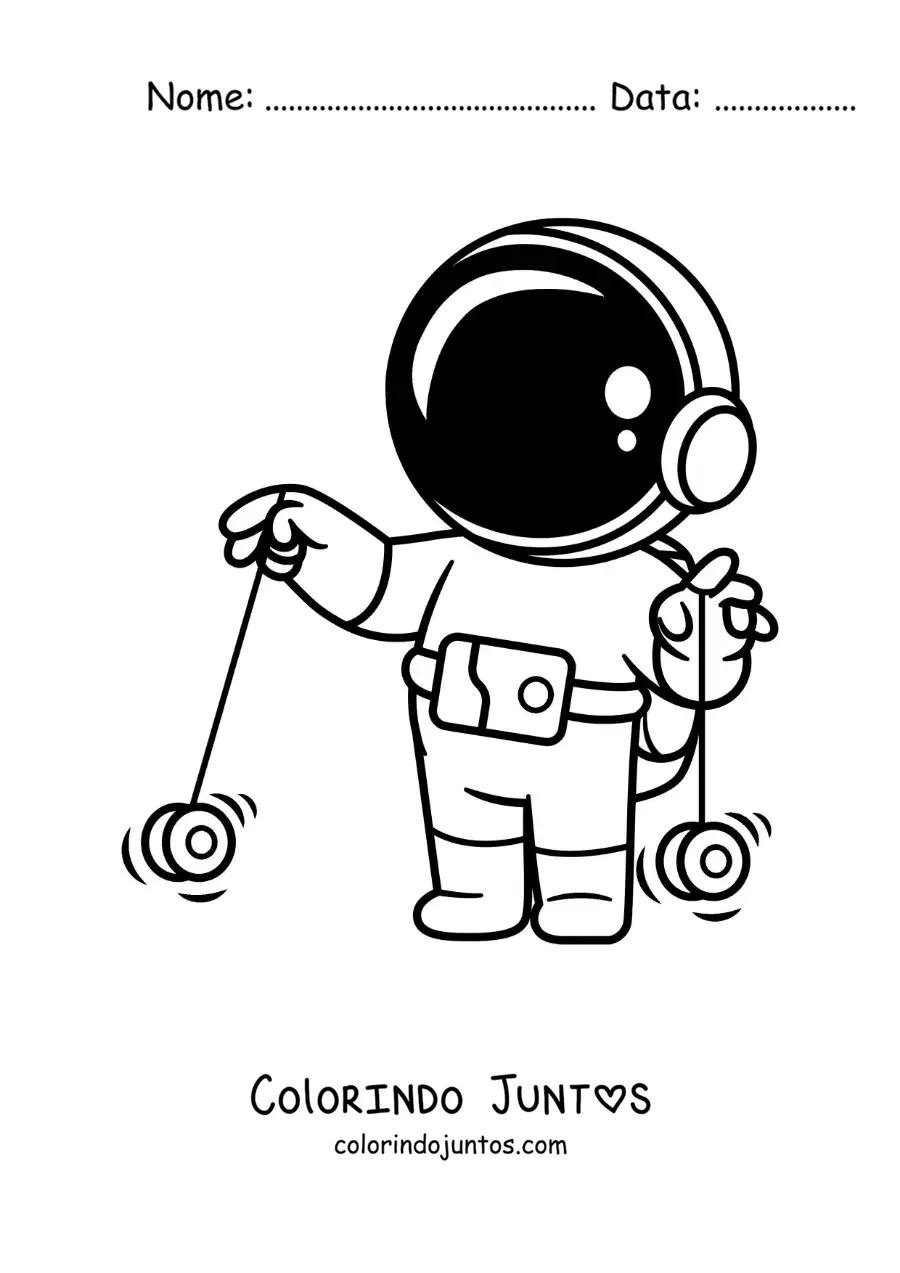 Desenho para colorir de astronauta animado brincando com dois ioiôs