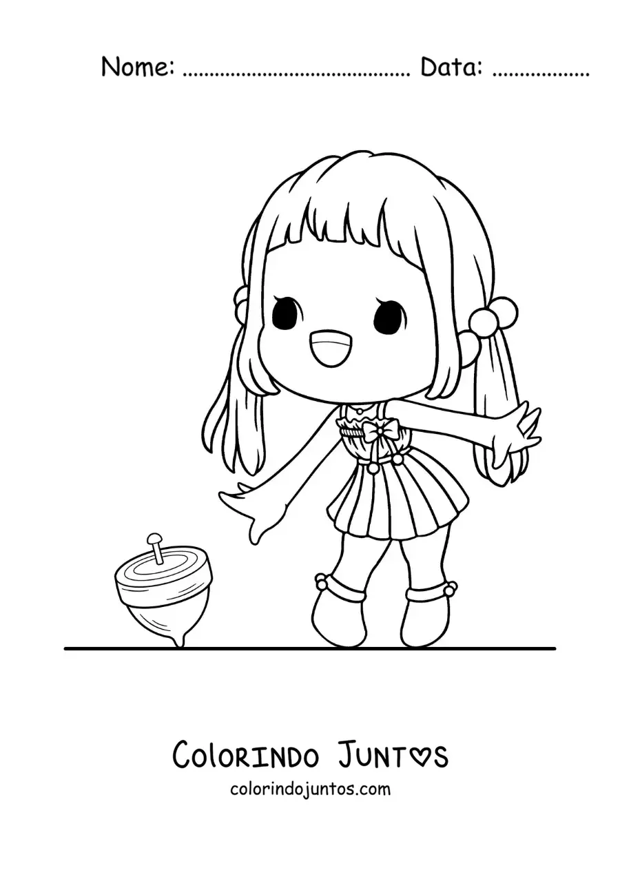 Desenho para colorir de menina brincando com um pião