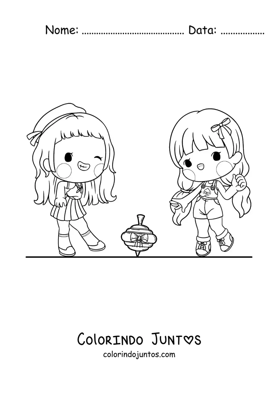 Desenho para colorir de meninas brincando com um pião