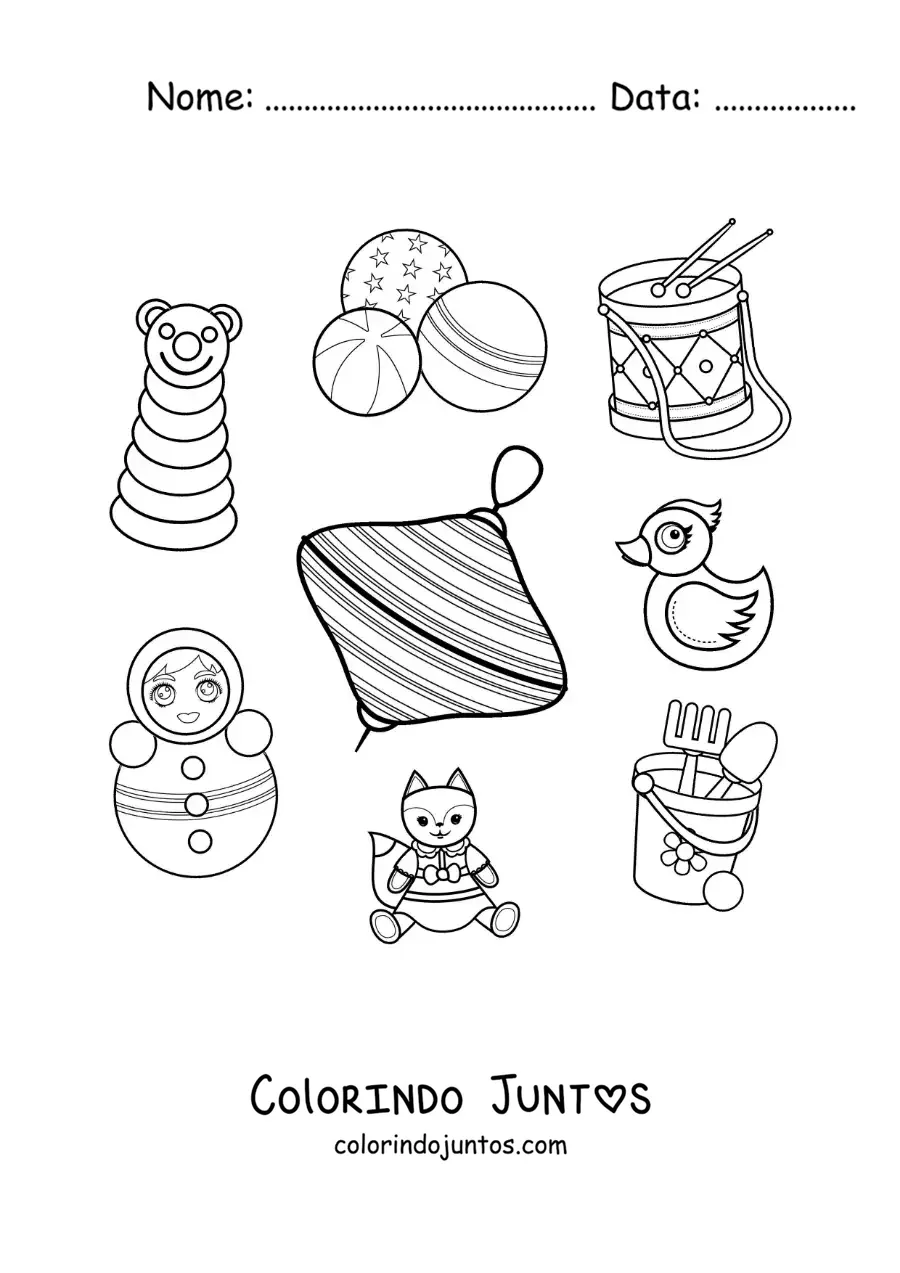 Desenho para colorir de um pião e outros brinquedos tradicionais