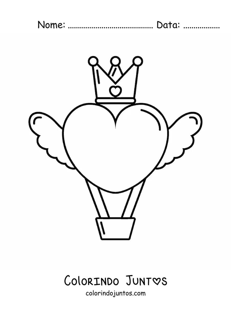 Desenho para colorir de um balao de ar quente em forma de coracao com asas