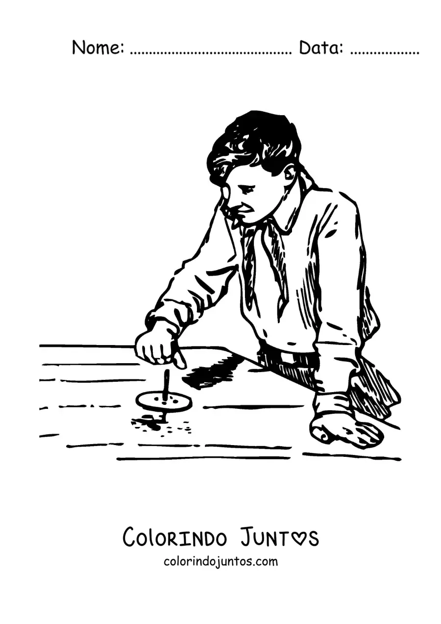 Desenho para colorir de menino brincando com um pião