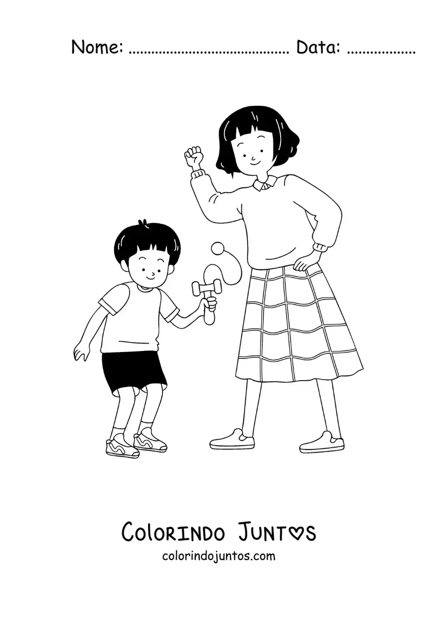 Desenho para colorir de menino japonês brincando com um kendama com a mãe