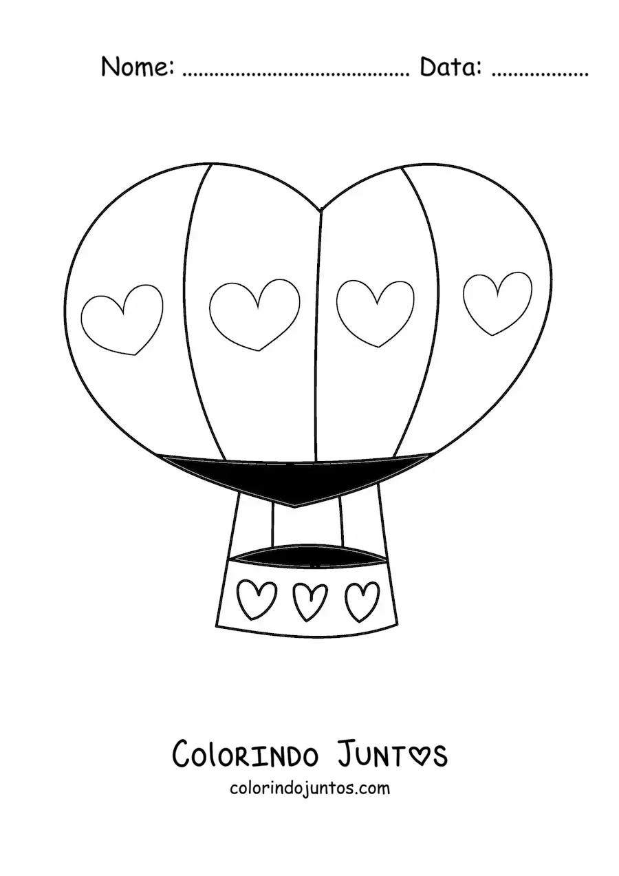 Desenho para colorir de um balao de ar quente com desenho de coracoes