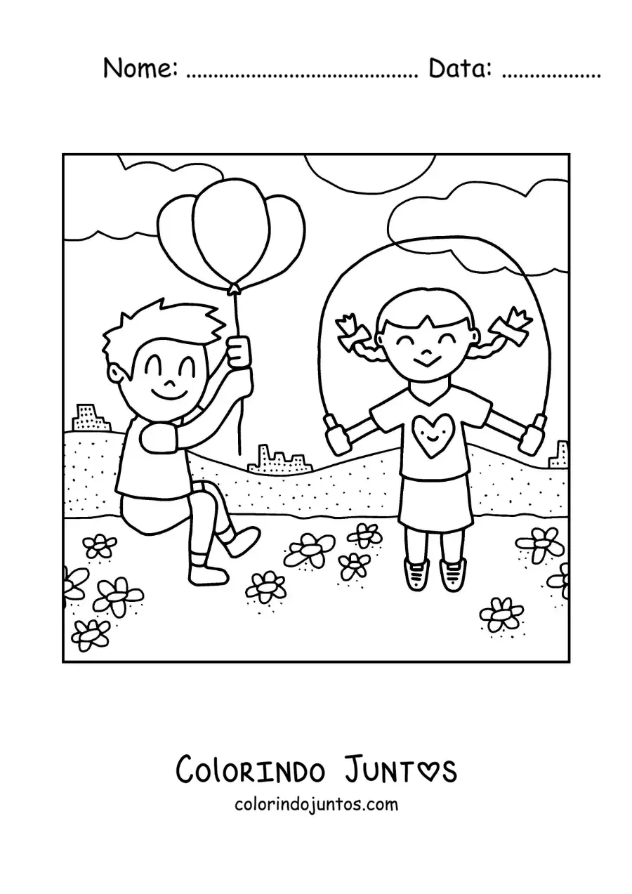 Desenho para colorir de menina pulando corda em um parque
