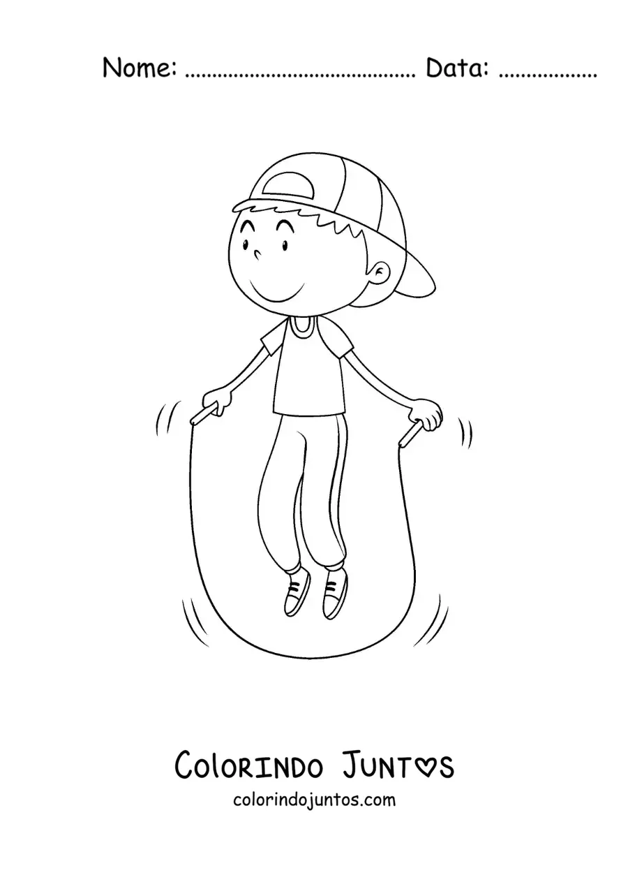 Desenho para colorir de menino animado pulando corda