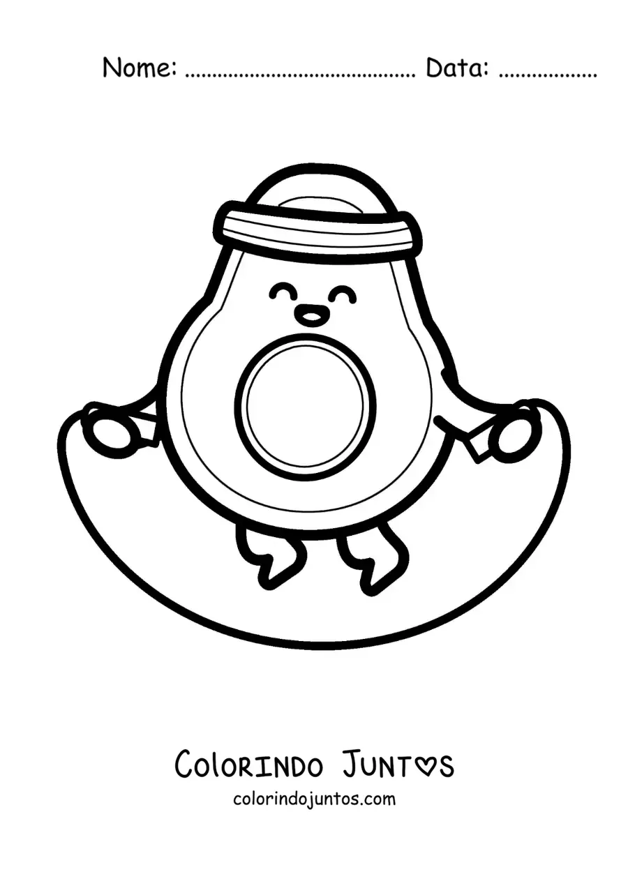 Desenho para colorir de abacate kawaii animado pulando corda