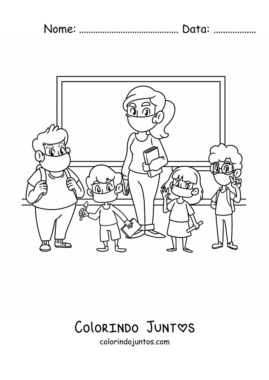 Desenho para colorir de uma professora junto a seus alunos de mascara