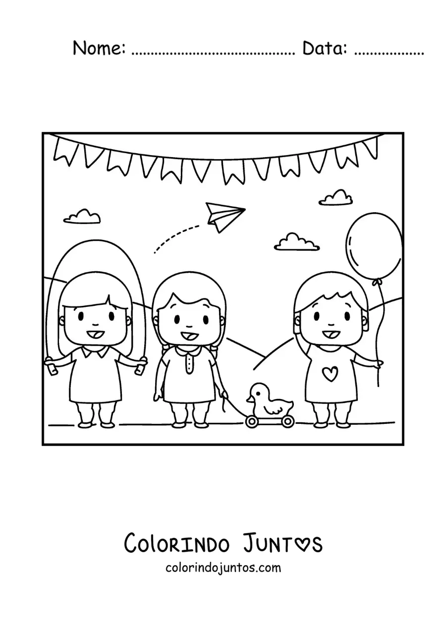Desenho para colorir de uma menina pulando corda no parque