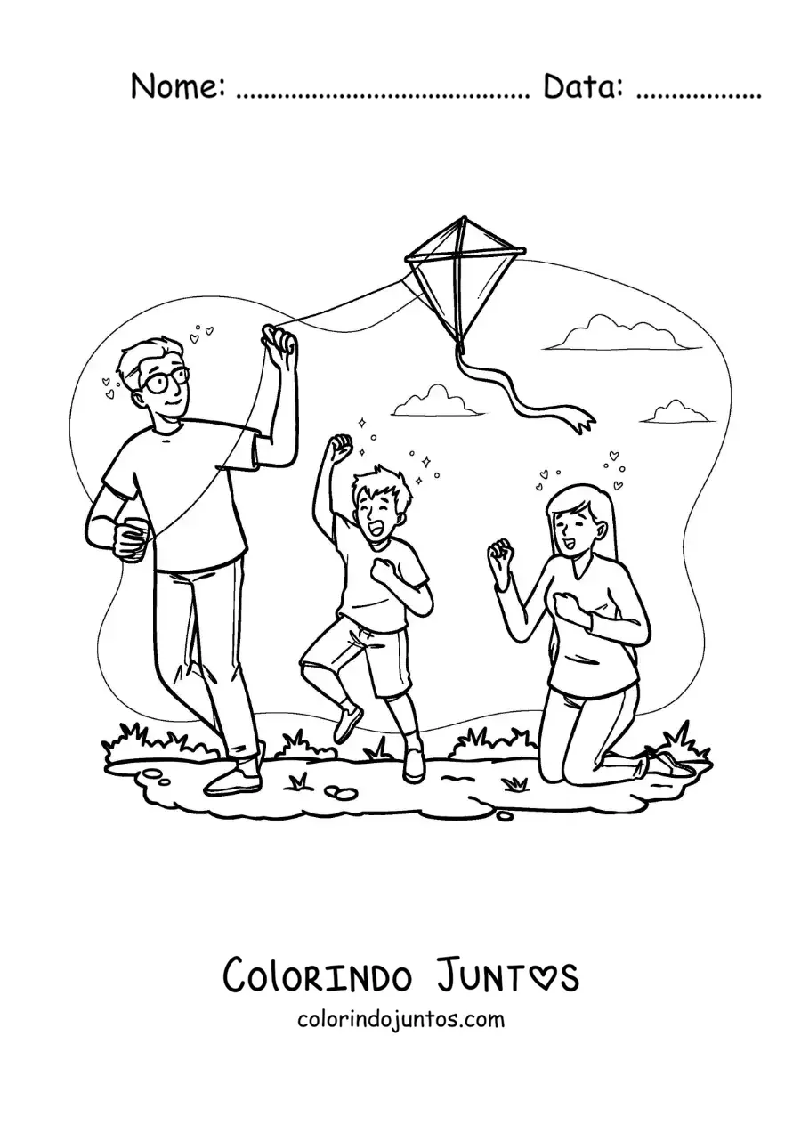 Desenho para colorir de crianças soltando pipa com o pai no parque