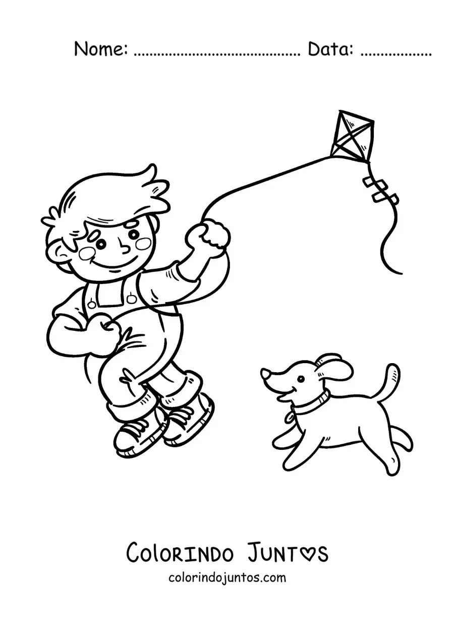 Desenho para colorir de menino soltando pipa com o cachorro