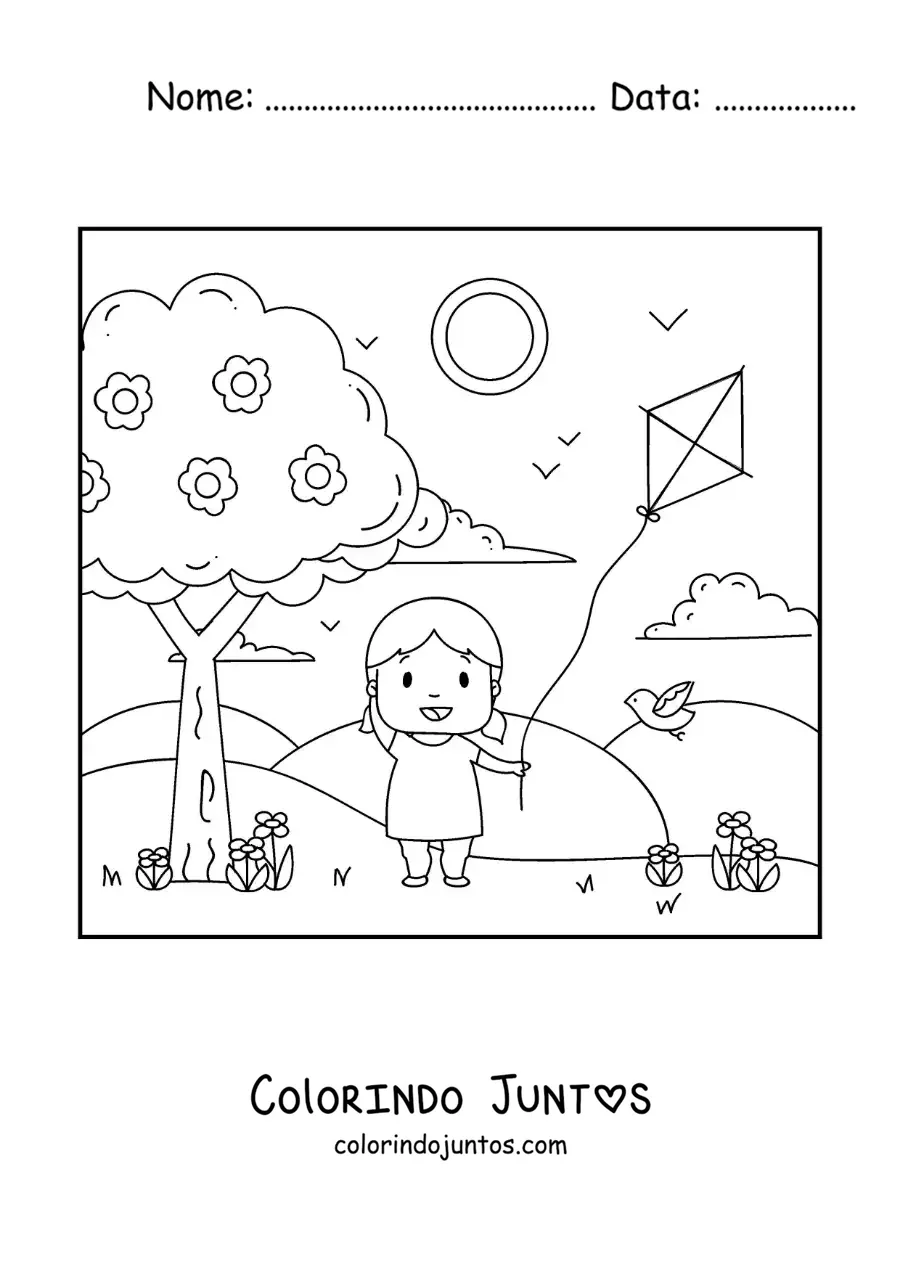 Desenho para colorir de menina soltando pipa no parque
