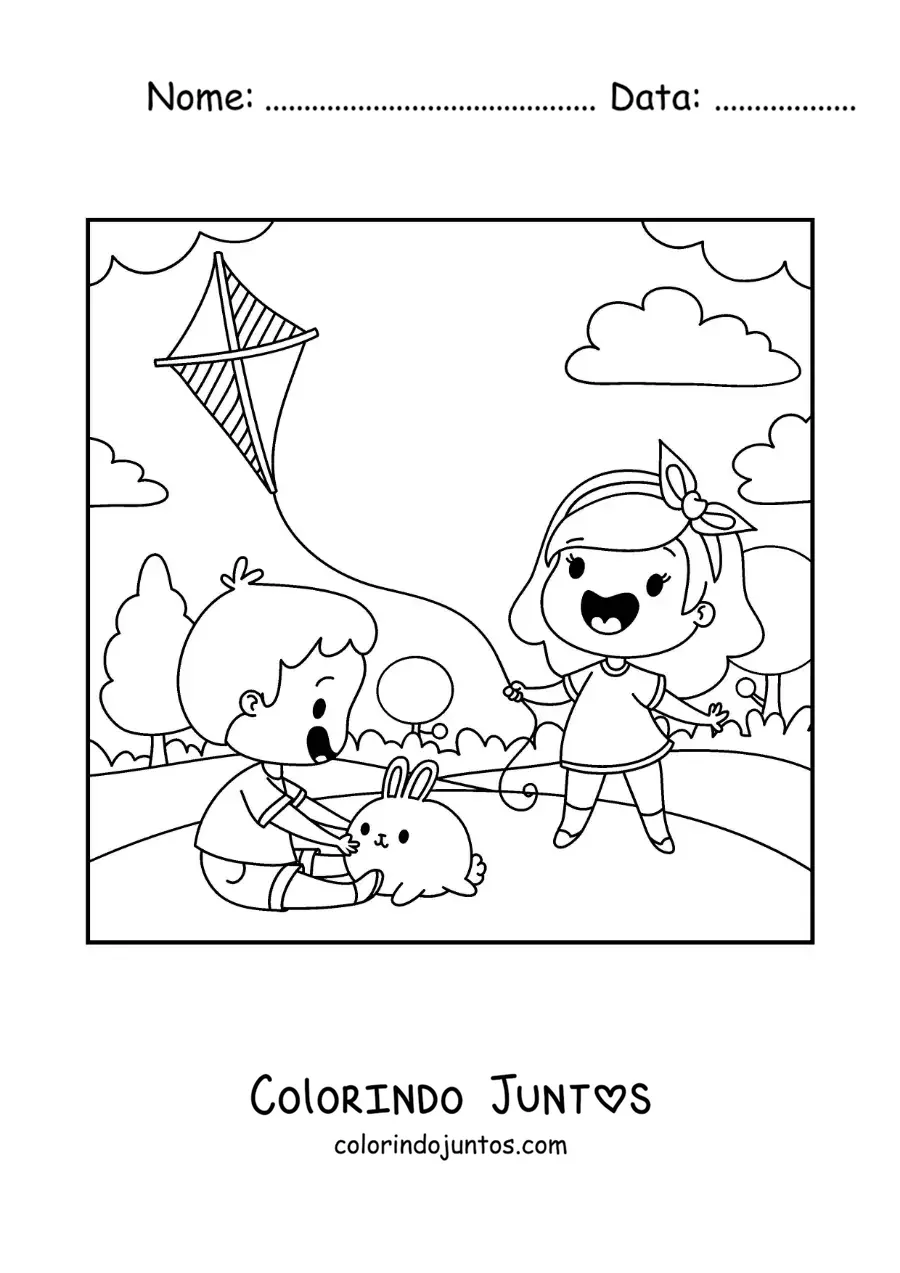 Desenho para colorir de meninas animadas soltando pipa no parque