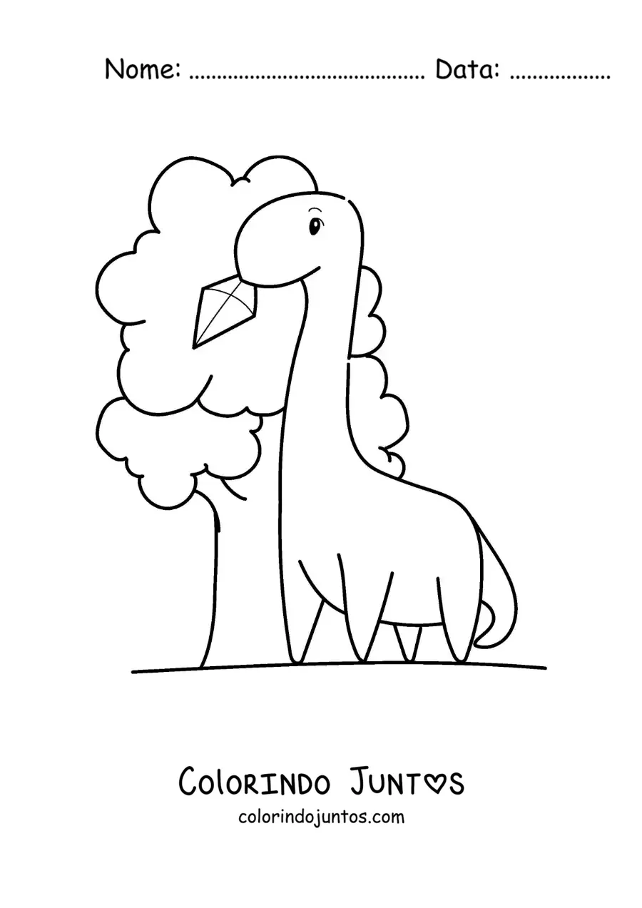 Desenho para colorir de dinossauro animado tirando uma pipa de uma árvore