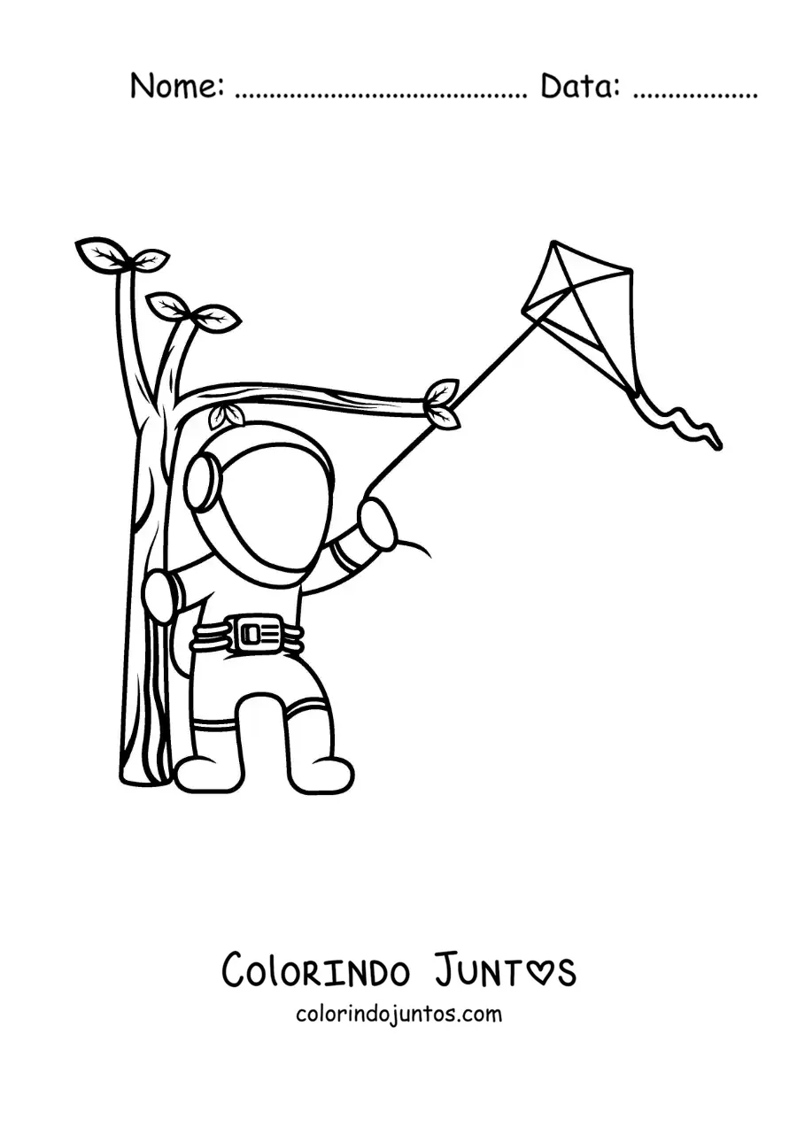 Desenho para colorir de um astronauta soltando pipa no parque