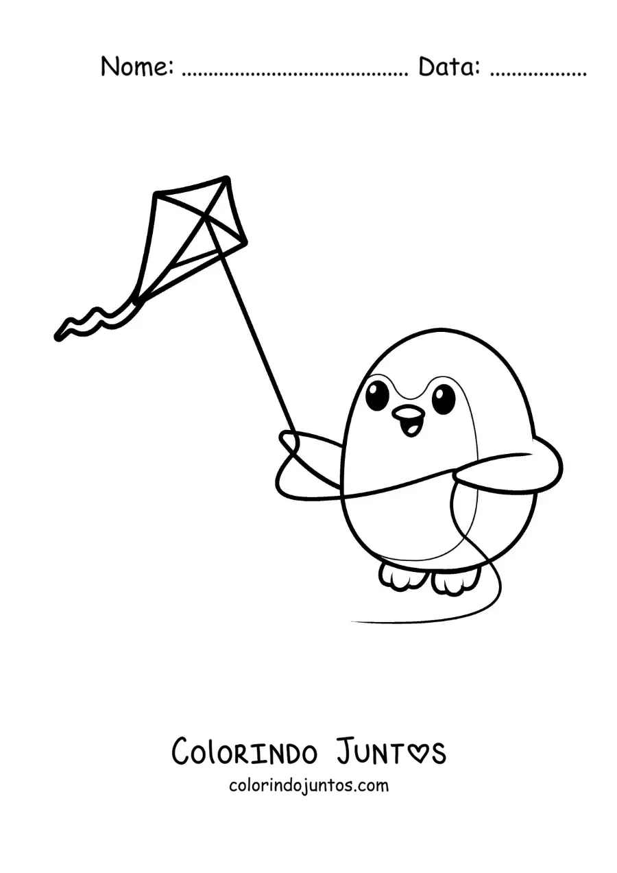 Desenho para colorir de pinguim animado soltando pipa