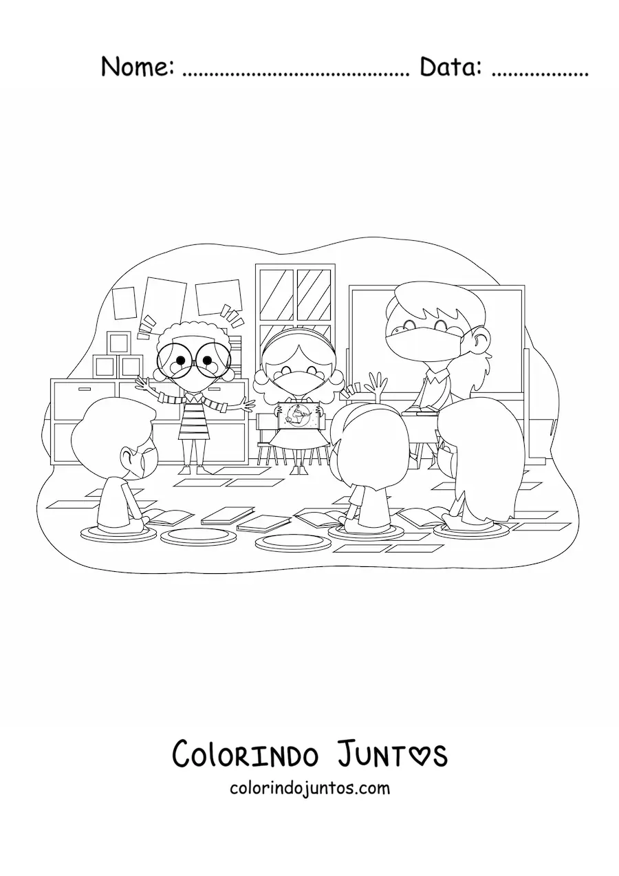 Desenho para colorir de uma professora e alunos em uma sala de aula de mascara