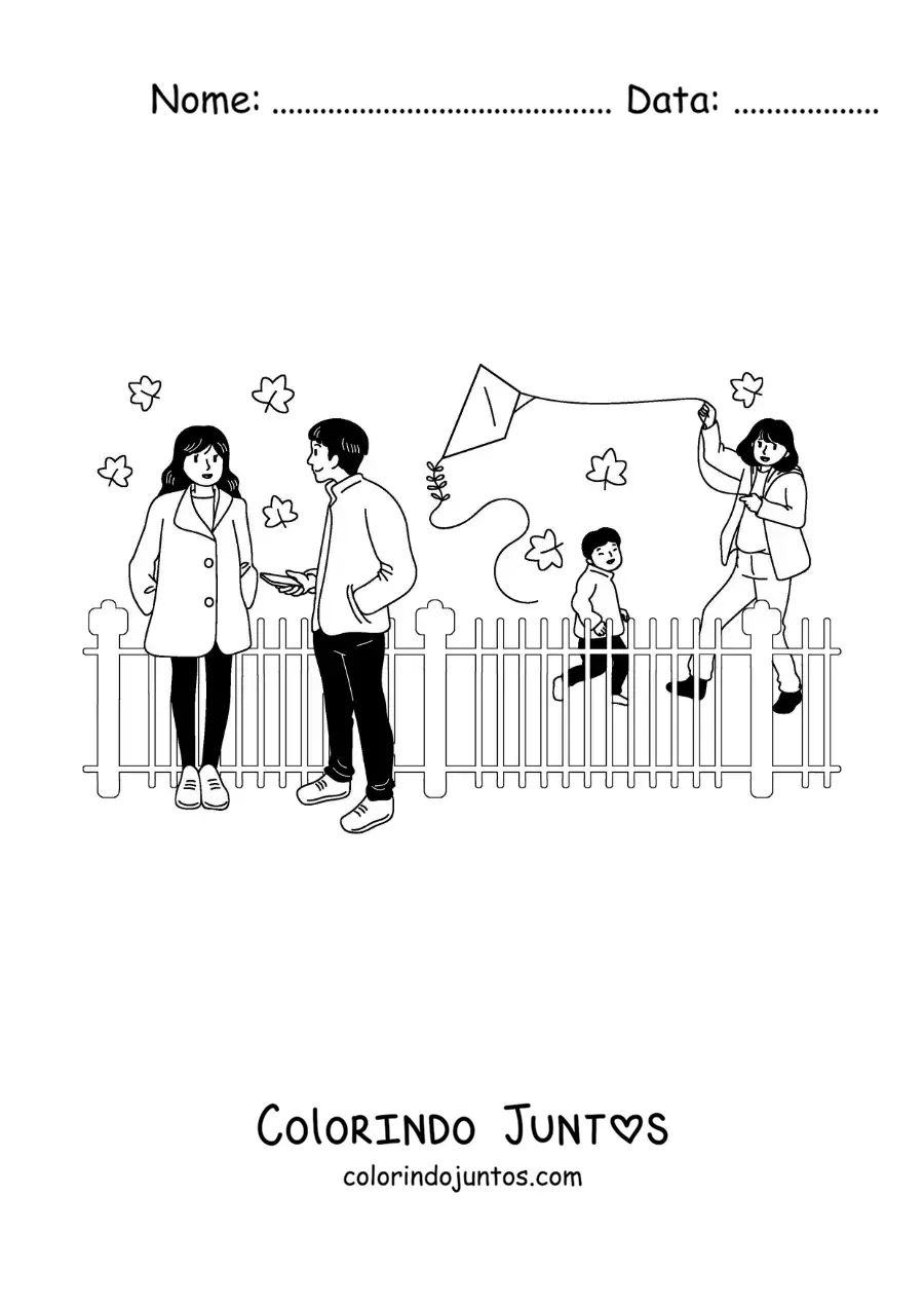 Desenho para colorir de menino soltando pipa com a mãe no parque