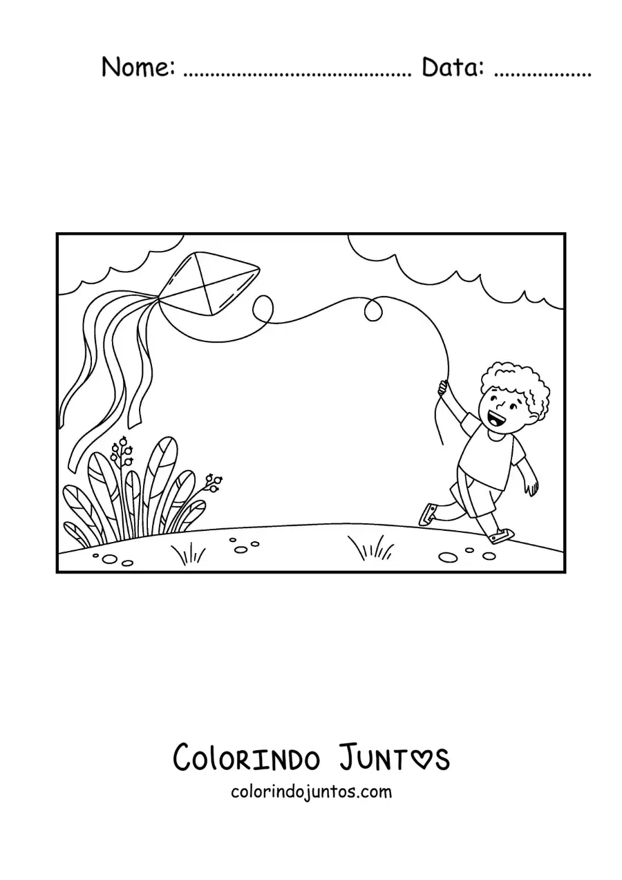 Desenho para colorir de menino soltando pipa de papel no parque