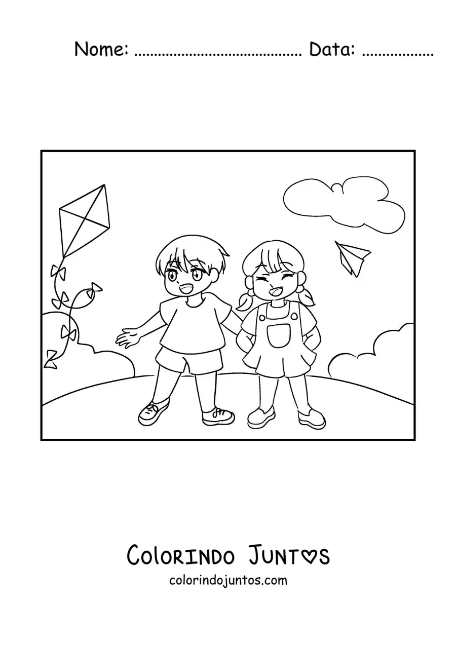 Desenho para colorir de duas crianças animadas soltando pipa no parque