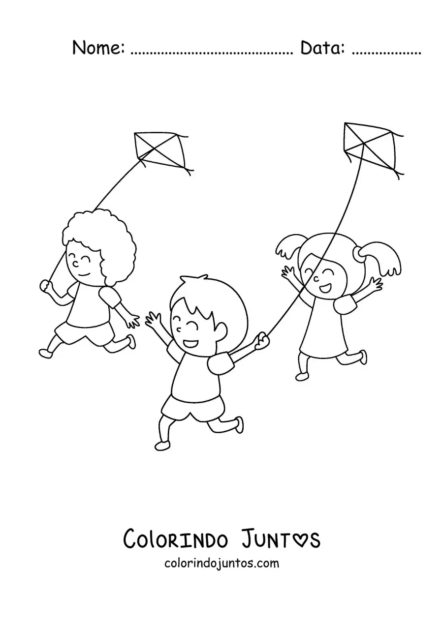 Desenho para colorir de crianças correndo e soltando pipas
