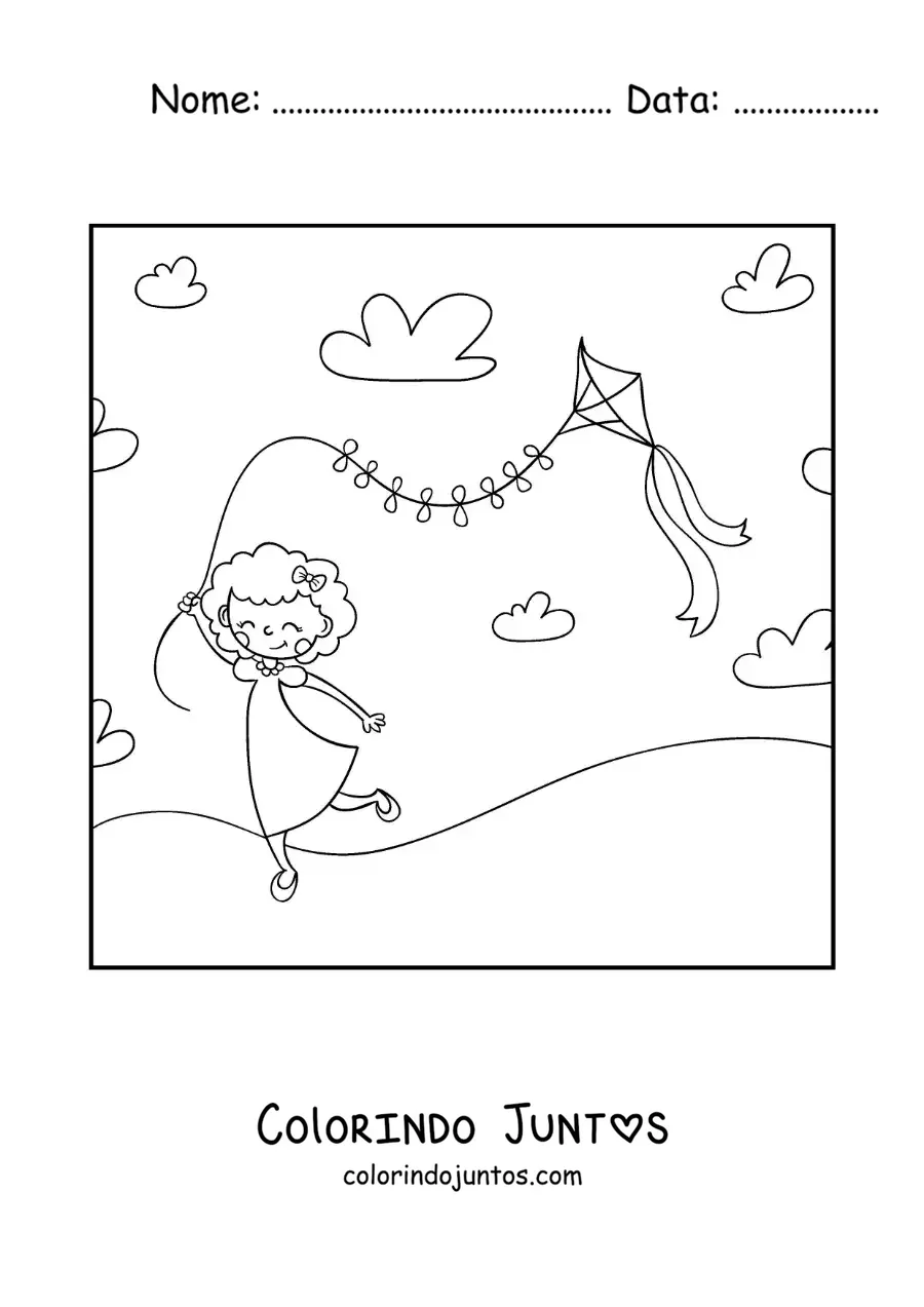 Desenho para colorir de menina animada soltando pipa de papel