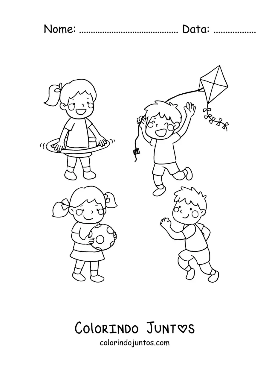 Desenho para colorir de um menino soltando pipa ao lado de outras crianças brincando