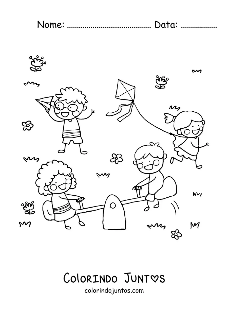Desenho para colorir de uma menina soltando pipa ao lado de outras crianças no parque