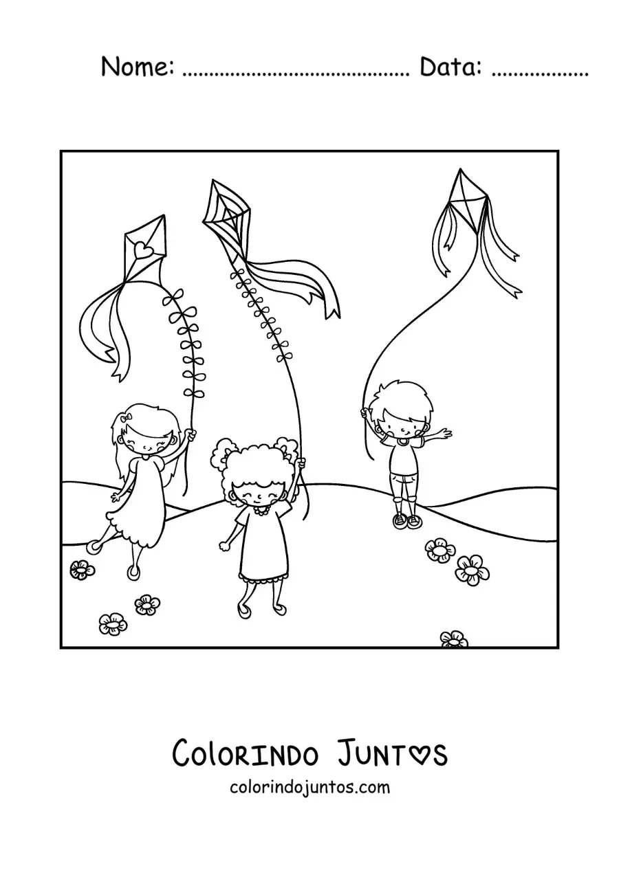 Desenho para colorir de crianças soltando pipas de papel no parque