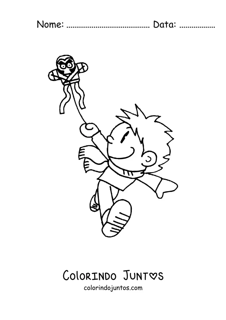 Desenho para colorir de um menino soltando pipa em estilo caricatura