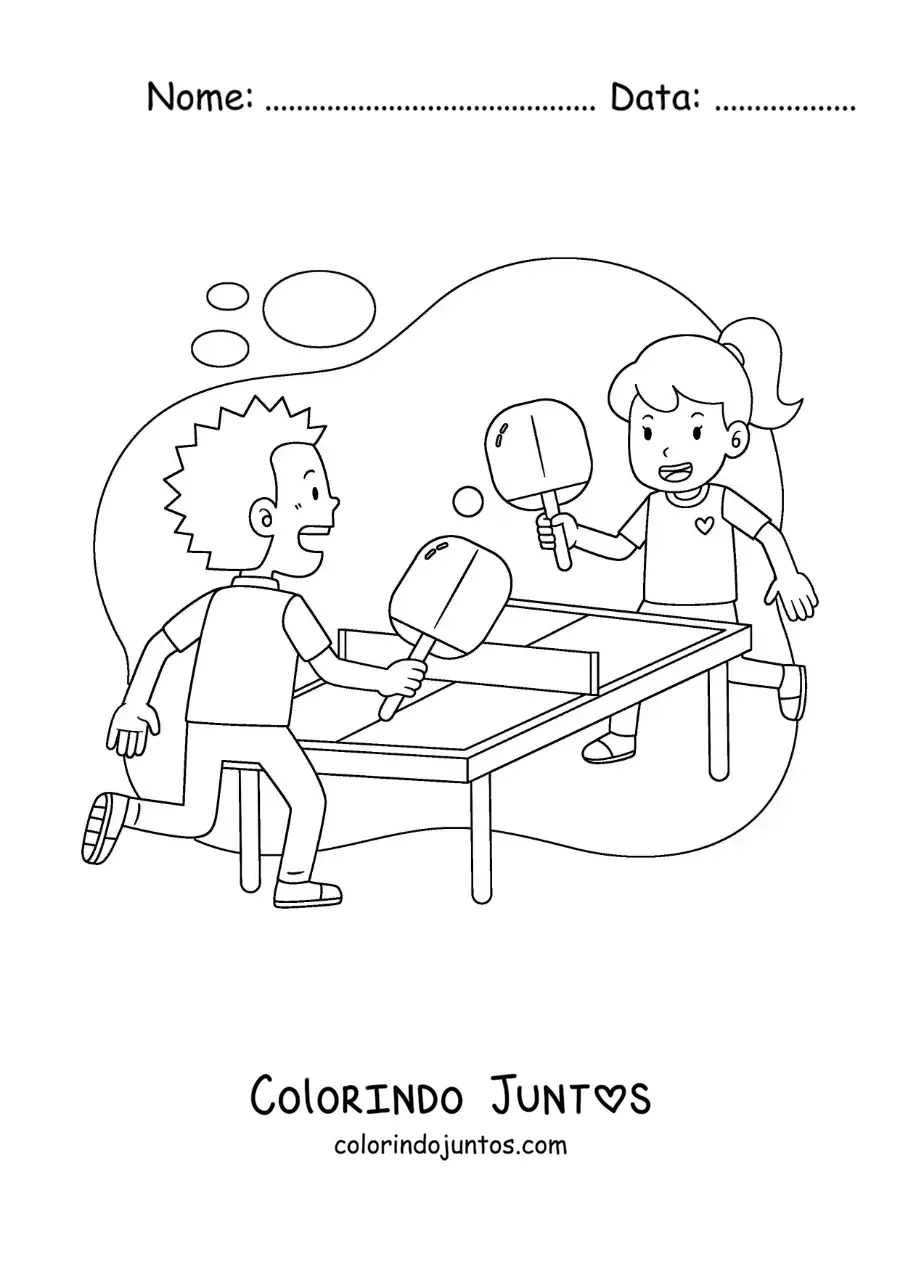 Desenho para colorir de uma menina e um menino jogando pingue-pongue