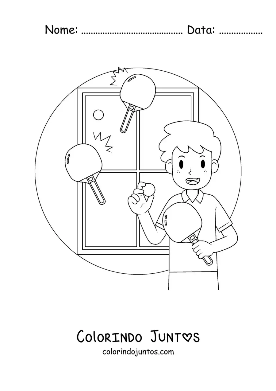 Desenho para colorir de menino com uma mesa e raquetes de pingue-pongue