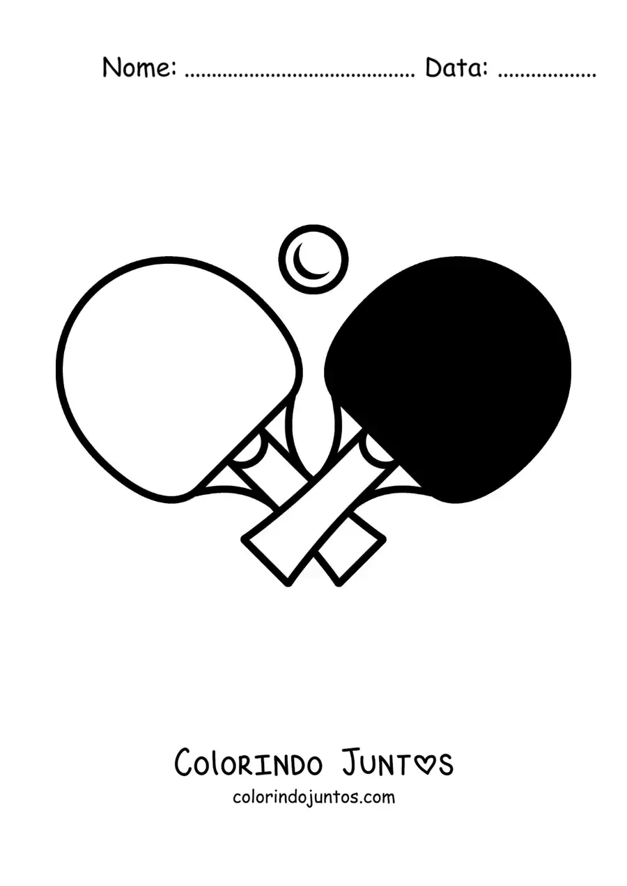 Desenho para colorir de bola e raquetes de tênis de mesa