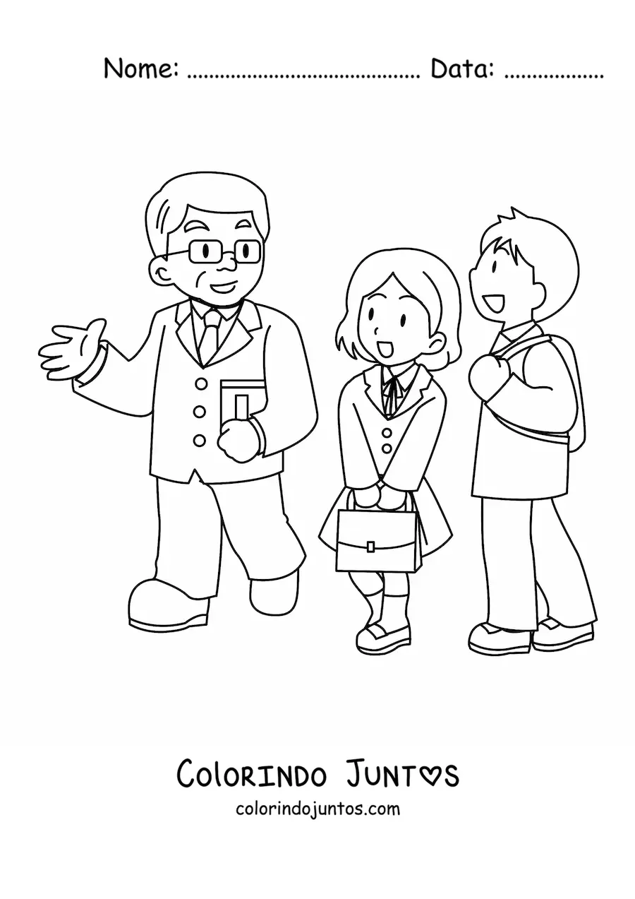 Desenho para colorir de um professor conversando com dois alunos do ensino medio