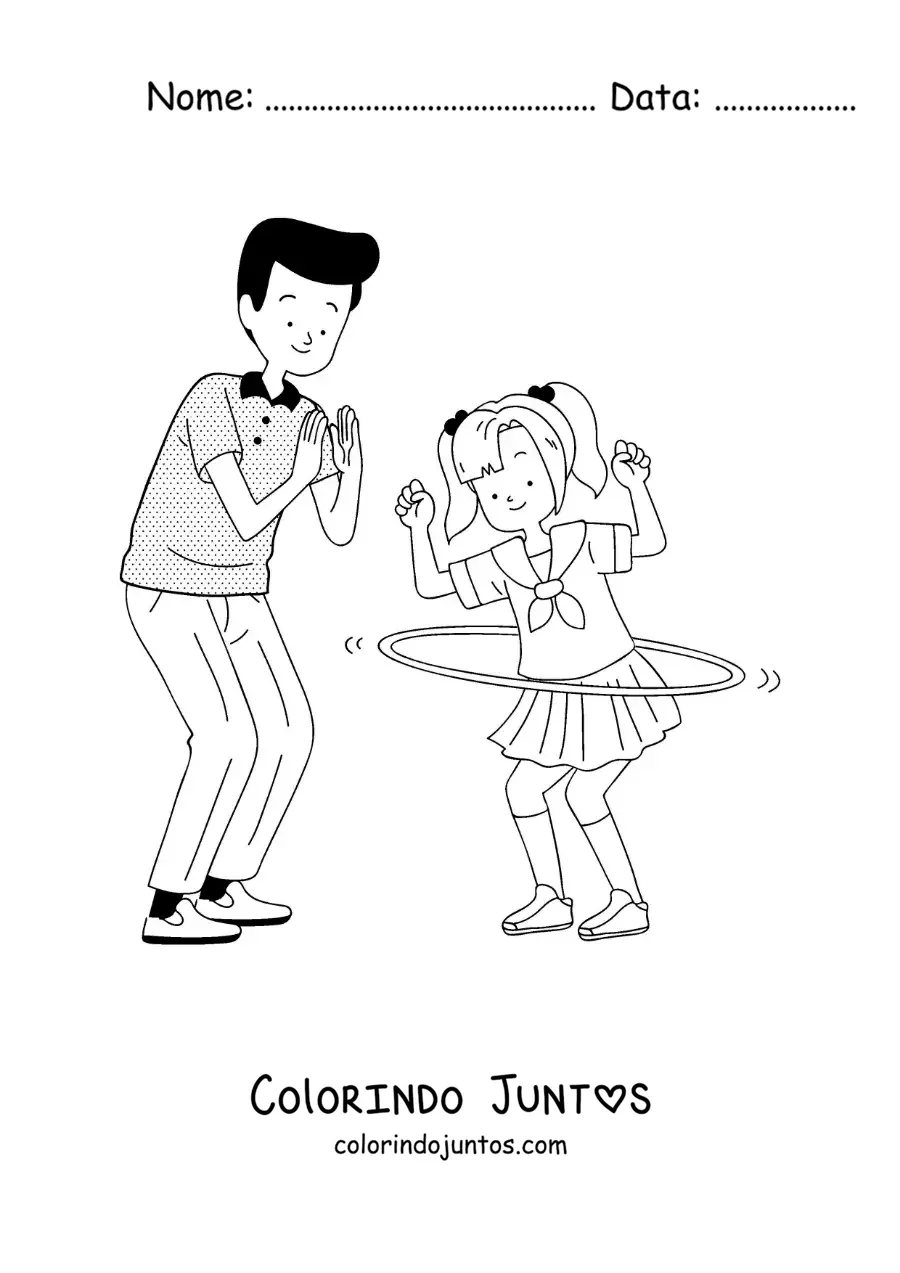 Desenho para colorir de menina e o pai brincando com bambolê